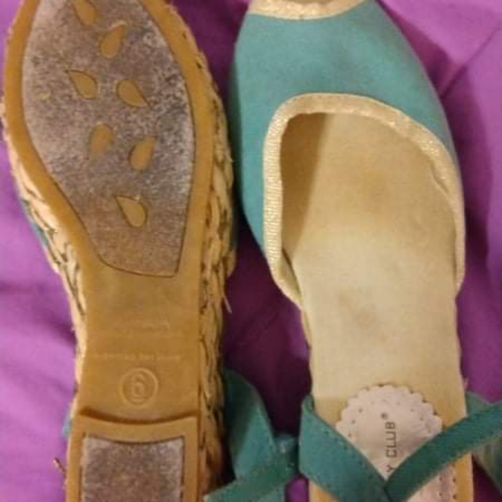 Blue and gold open toed wedges size 6